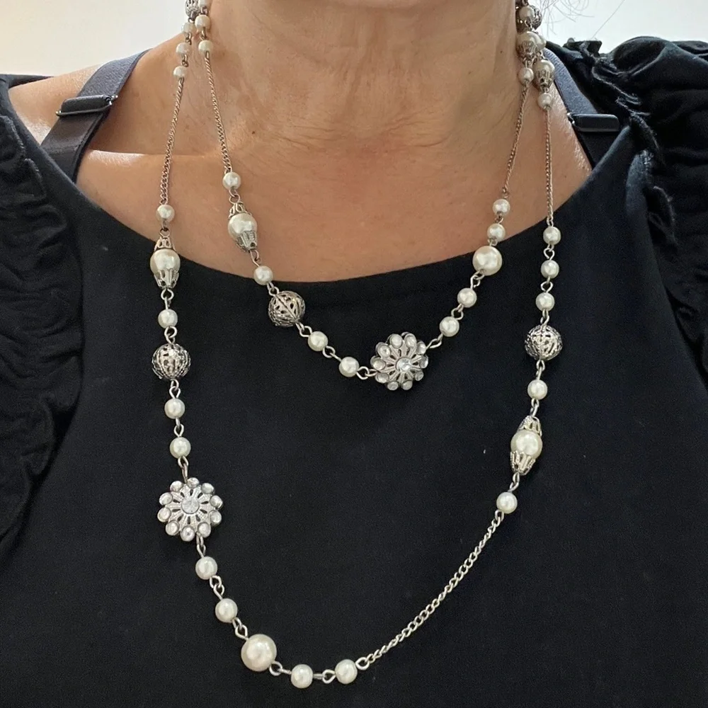 Silver and White Pearl Costume Jewelry Long Necklace
